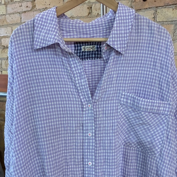 Free People Lavender Checkered Seersucker Oversized Button Down Shirt, Medium - Picture 3 of 8